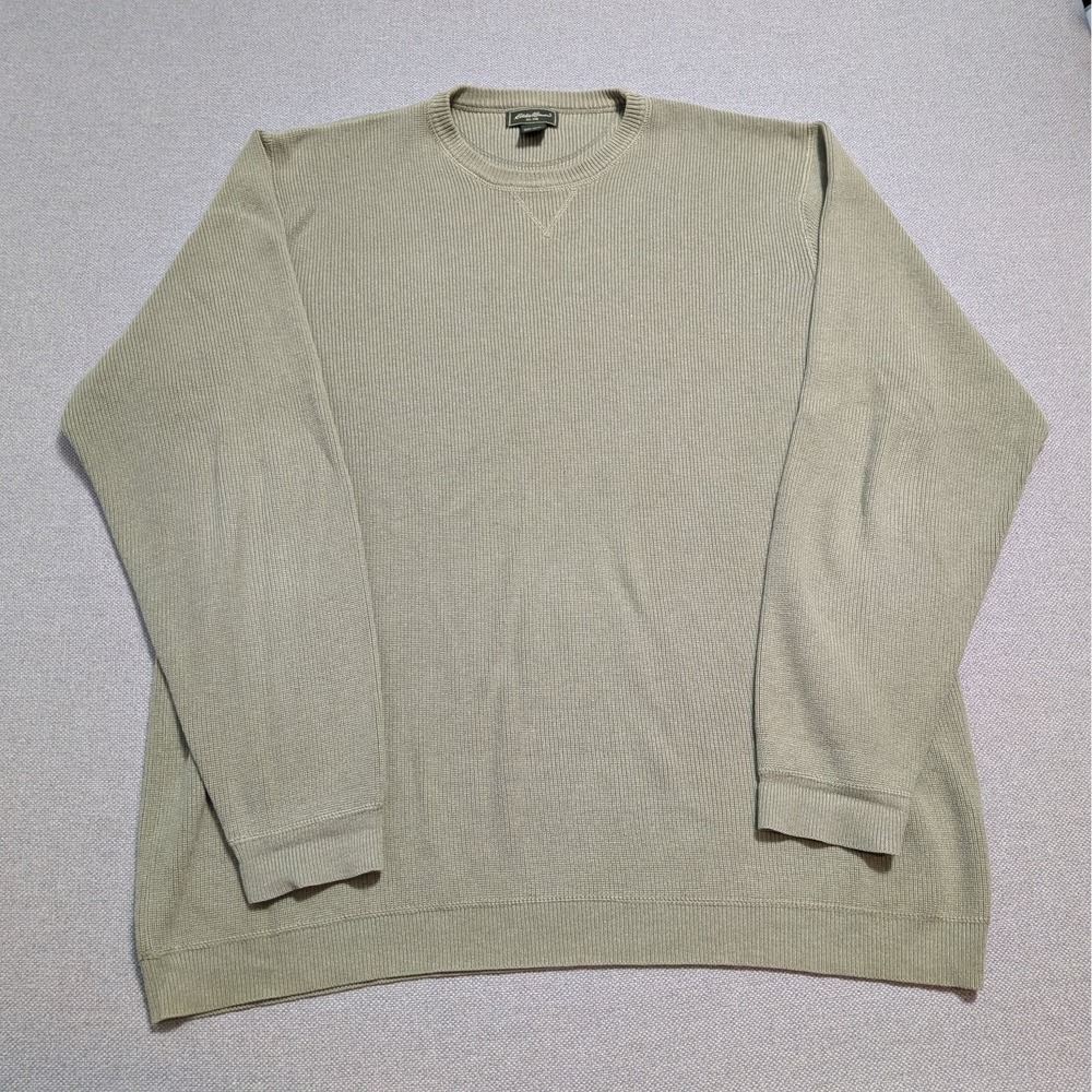 Eddie Bauer Sweater Men's 3XL Tall Olive Green Rib Knit Crewneck Made in Japan